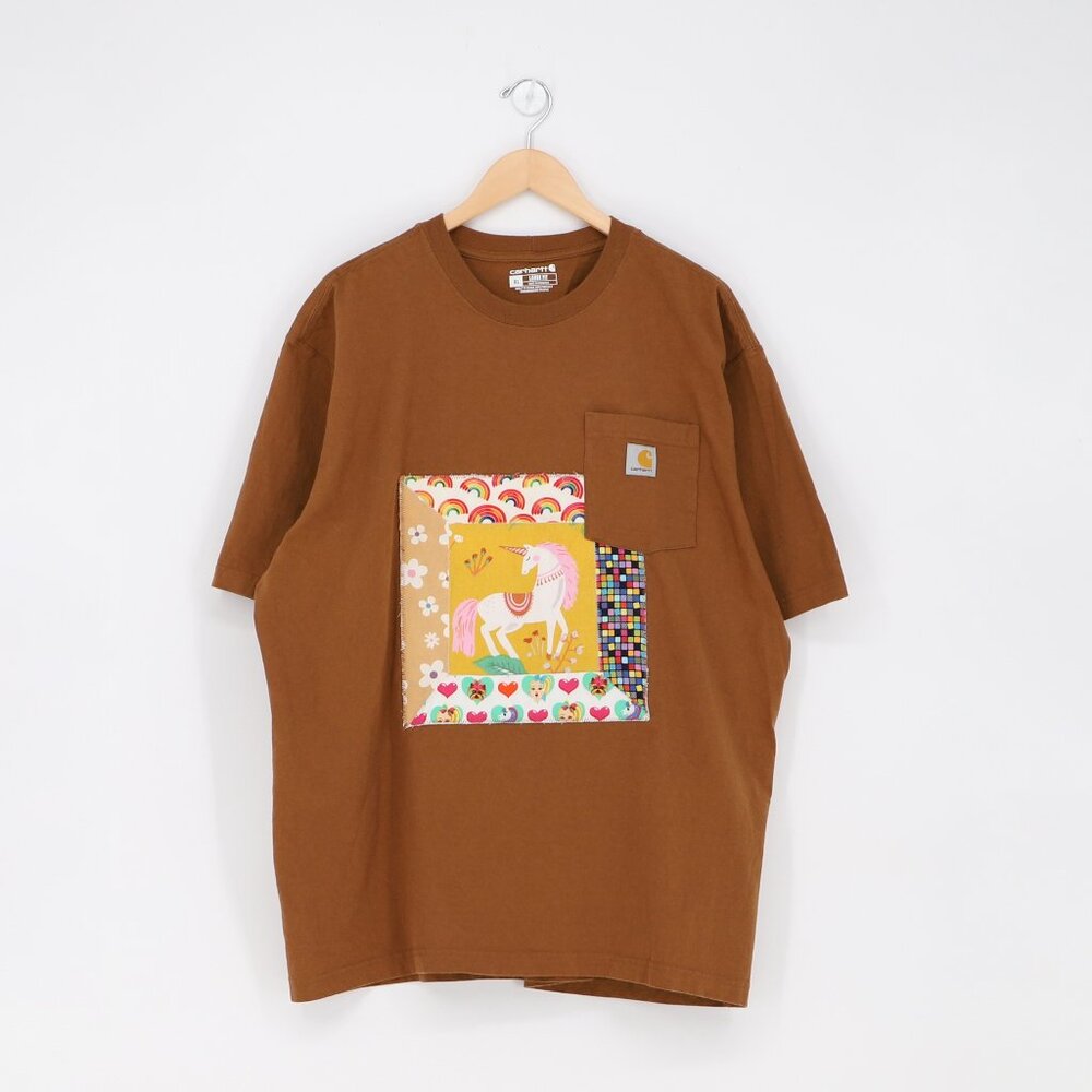 Upcycled Reworked Quilted Patchwork Unicorn Short Sleeve T-Shirt in Brown